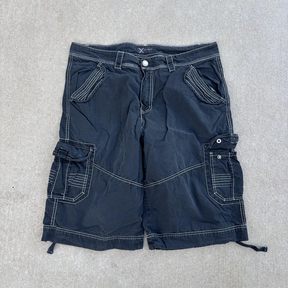 Y2K Baggy Xray Cargo Shorts Mens 36 Black Canvas Relaxed Fit Pockets Goth Emo